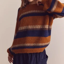 Femme Amente L'esprit Merci|Mailles-- Pull Crew Neck Rayé - Ambre/Bleu