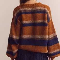 Femme Amente L'esprit Merci|Mailles-- Pull Crew Neck Rayé - Ambre/Bleu