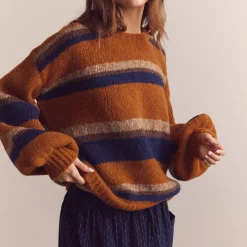 Femme Amente L'esprit Merci|Mailles-- Pull Crew Neck Rayé - Ambre/Bleu