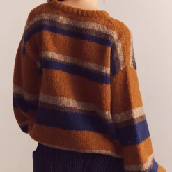 Femme Amente L'esprit Merci|Mailles-- Pull Crew Neck Rayé - Ambre/Bleu