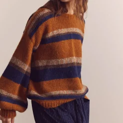 Femme Amente L'esprit Merci|Mailles-- Pull Crew Neck Rayé - Ambre/Bleu