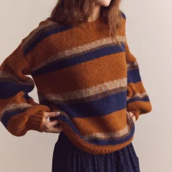 Femme Amente L'esprit Merci|Mailles-- Pull Crew Neck Rayé - Ambre/Bleu