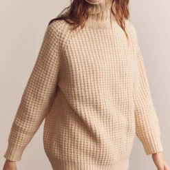 Femme Amente Mailles-- Pull Gaufré à Col Roulé - Beige