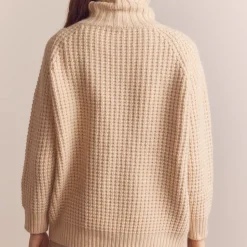 Femme Amente Mailles-- Pull Gaufré à Col Roulé - Beige