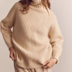 Femme Amente Mailles-- Pull Gaufré à Col Roulé - Beige