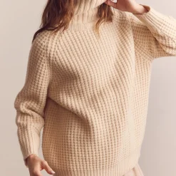 Femme Amente Mailles-- Pull Gaufré à Col Roulé - Beige