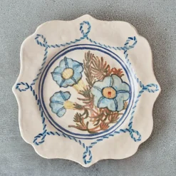 2146 REBEKAH MILES Assiettes Plates-Assiette Carré - Fleurs Bleues