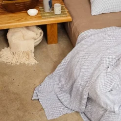 200 LINTEX L'esprit Merci|Édition Limitée-Drap plat en lin lavé - Carreaux Bleu Shibori