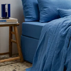 200 LINTEX Draps-housse-Drap-housse en lin lavé - Bleu Paros