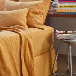 200 LINTEX Draps-housse-Drap-housse en lin lavé - Jaune Asahi