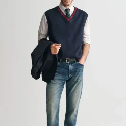 Homme GANT Mailles-- Pull Col V - Evening Blue