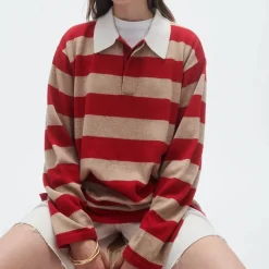 Femme GUEST IN RESIDENCE L'esprit Merci|Mailles-- Pull Stripe Rugby - Dune & Rouge