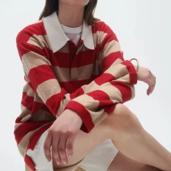 Femme GUEST IN RESIDENCE L'esprit Merci|Mailles-- Pull Stripe Rugby - Dune & Rouge