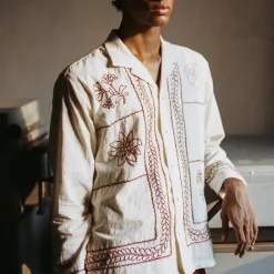 Homme Harago Chemises-- Chemise brodé Floral - Blanc & Rouge