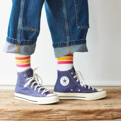 Femme F01 Chaussettes|Chaussettes-Merci - Chaussettes à rayures - Orange & Jaune & Rose