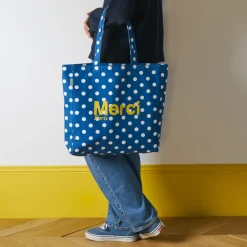 Femme V01 Tote Bags Merci-Merci - Tote Bag en coton à Pois - Bleu & Jaune