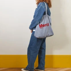 Femme V01 Tote Bags Merci-Merci - Tote Bag en Coton Hickory - Bleu rayé