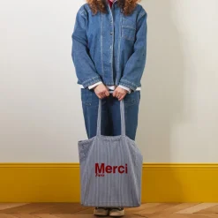 Femme V01 Tote Bags Merci-Merci - Tote Bag en Coton Hickory - Bleu rayé