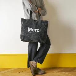 Femme V01 Tote Bags Merci-Merci - Tote Bag en coton Marble - Noir & Blanc