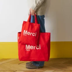 Femme V01 Tote Bags Merci-Merci - Tote Bag en coton - Rouge & Ecru