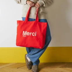 Femme V01 Tote Bags Merci-Merci - Tote Bag en coton - Rouge & Ecru