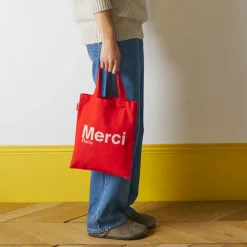 Femme V01 Tote Bags Merci-Merci - Tote Bag en coton - Rouge & Ecru