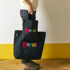 Femme V01 Tote Bags Merci-Merci - Tote Bag en coton Bouclette - Noir & Multicolore