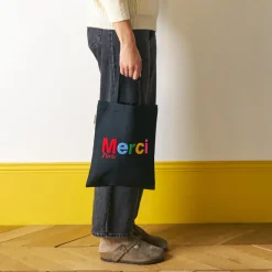 Femme V01 Tote Bags Merci-Merci - Tote Bag en coton Bouclette - Noir & Multicolore