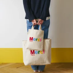 Femme V01 Tote Bags Merci-Merci - Tote Bag en coton Bouclette - Ecru & Multicolore