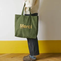 Femme V01 Tote Bags Merci-Merci - Tote Bag en coton - Kaki & Doré