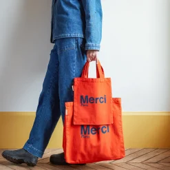 Femme MERCI Tote Bags Merci-- Tote Bag en coton - Orange & Bleu Marine