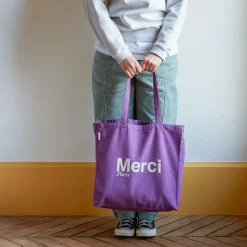 Femme MERCI Tote Bags Merci-- Tote Bag en coton - Violet & Écru