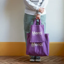Femme MERCI Tote Bags Merci-- Tote Bag en coton - Violet & Écru