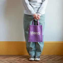 Femme MERCI Tote Bags Merci-- Tote Bag en coton - Violet & Écru