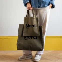 Femme V01 Tote Bags Merci-Merci - Tote Bag en coton - Kaki & Noir