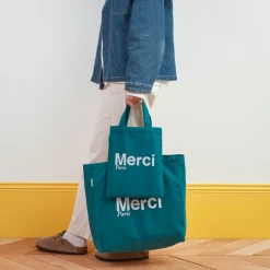 Femme V01 Tote Bags Merci-Merci - Tote Bag en coton - Bleu canard & Blanc