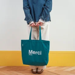 Femme V01 Tote Bags Merci-Merci - Tote Bag en coton - Bleu canard & Blanc