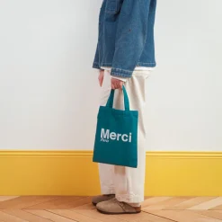 Femme V01 Tote Bags Merci-Merci - Tote Bag en coton - Bleu canard & Blanc