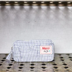 200 LINTEX Trousses|Écriture-Merci - Trousse en lin lavé - Carreaux Bleu Shibori