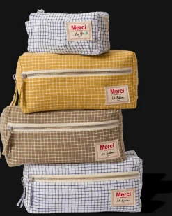 200 LINTEX Trousses|Écriture-Merci - Trousse en lin lavé - Carreaux Bleu Shibori