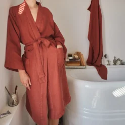 200 LINTEX Peignoirs-Peignoir en lin - Nid d'abeille - Rouge Urushi