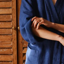 200 LINTEX Peignoirs-Peignoir en lin - Nid d'abeille - Bleu Shibori