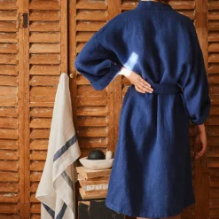 200 LINTEX Peignoirs-Peignoir en lin - Nid d'abeille - Bleu Shibori