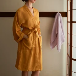 200 LINTEX Salle De Bain : Esprit Japonais|Peignoirs-Peignoir en lin - Nid d'abeille - Jaune Asahi