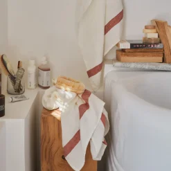 200 LINTEX Serviettes De Table|Serviettes De Bain En Lin-Serviette de bain en lin - Nid d'abeille - Bande Rouge Urushi