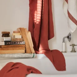 200 LINTEX Serviettes De Table|Serviettes De Bain En Lin-Serviette de bain en lin - Nid d'abeille - Bande Rouge Urushi