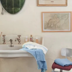 200 LINTEX Serviettes De Table|Serviettes De Bain En Lin-Serviette de bain en lin - Nid d'abeille - Bande Bleu Tyrrhénien