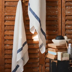 200 LINTEX Salle De Bain : Esprit Japonais|Serviettes De Table-Serviette de bain en lin - Nid d'abeille - Bande Bleu Shibori