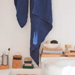 200 LINTEX Salle De Bain : Esprit Japonais|Serviettes De Table-Serviette de bain en lin - Waffle - Bleu Shibori