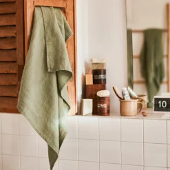 200 LINTEX Maison De Campagne|Salle De Bain : Esprit Japonais-Serviette de bain en lin - Nid d'abeille - Vert Komorebi